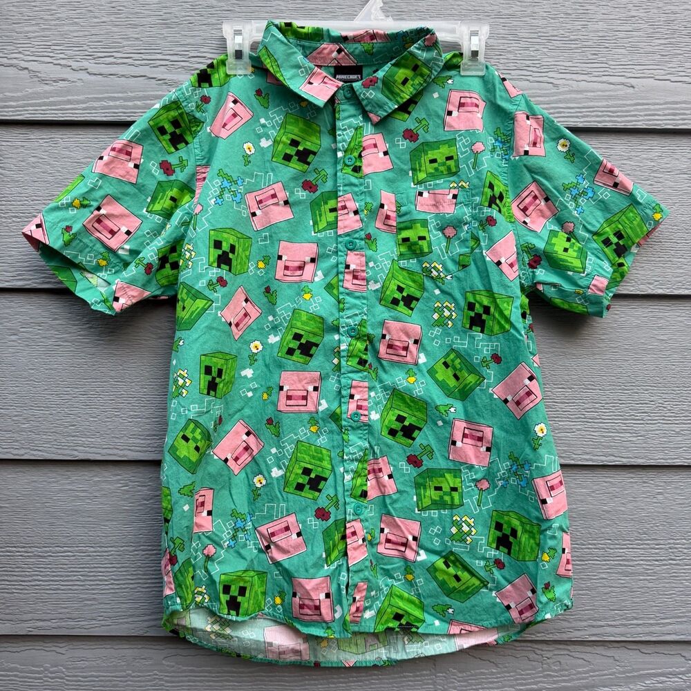 Minecraft XXL 18 Button Up Shirt Boys Green Pink Poplin Short Sleeve Pigs Creep